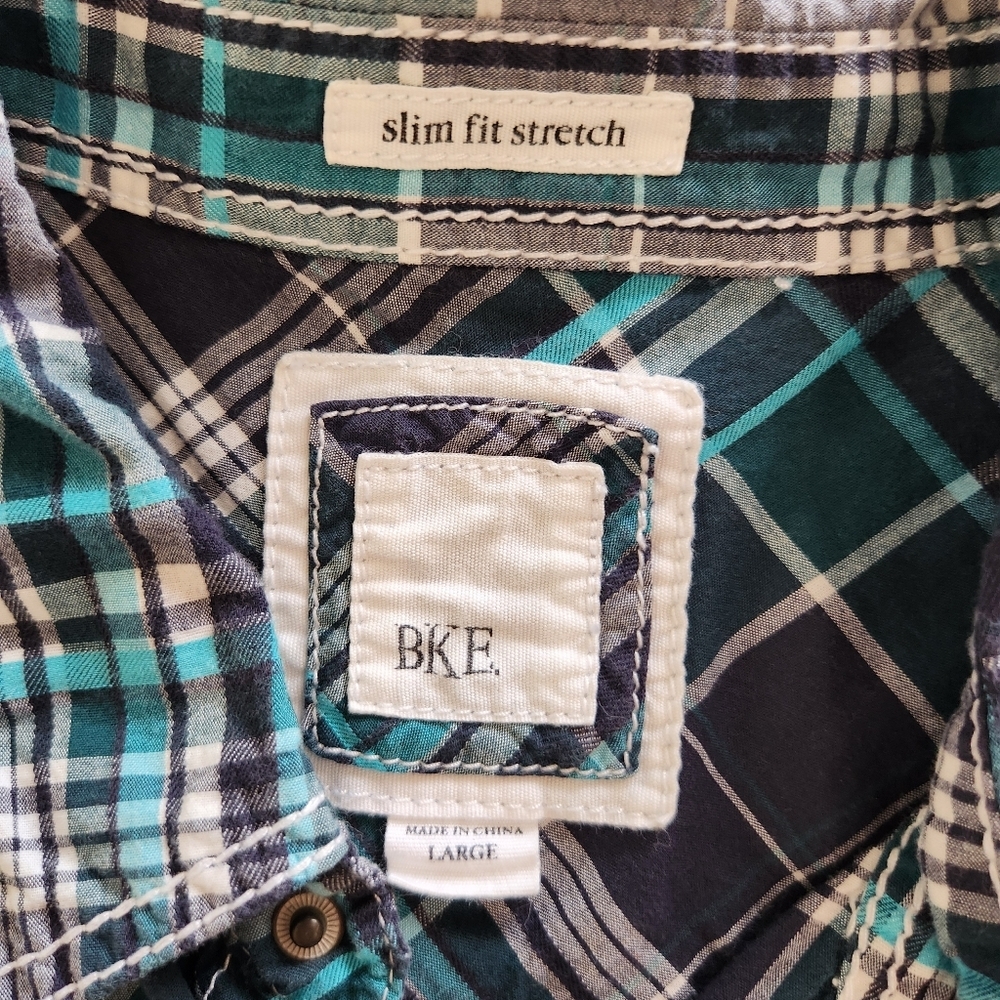 BKE Western Teal & Navy Plaid Slim Fit Stretch Pearl Snap Size Large - Picture 2 of 10